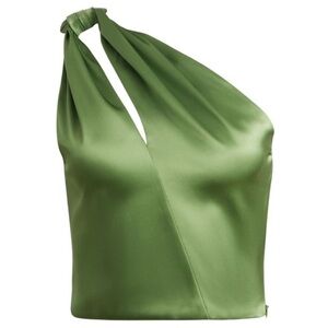 Alice + Olivia Piera One Shoulder Twist Satin Top Avocado